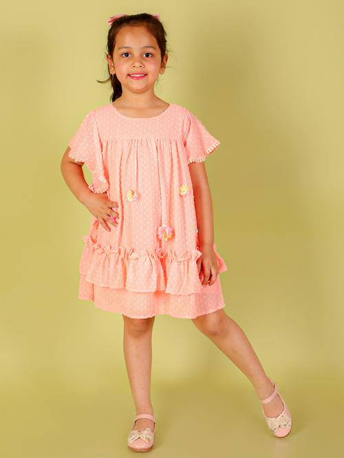 peach polyester self design frock - 21305769 - Very Small Image - 1