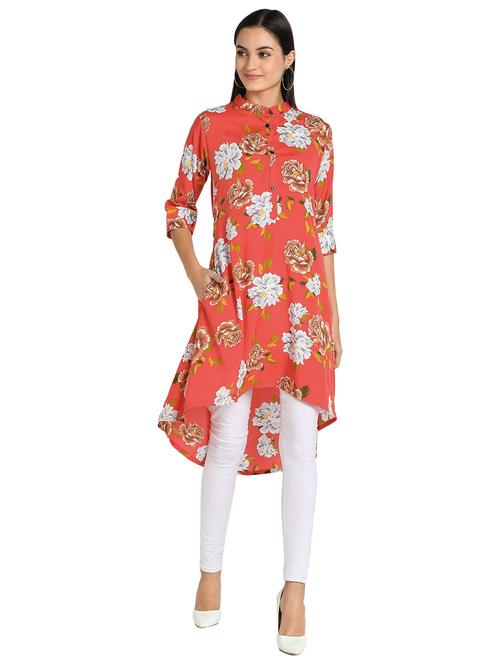 orange floral printed high-low kurti - 21306058 - Very Small Image - 1