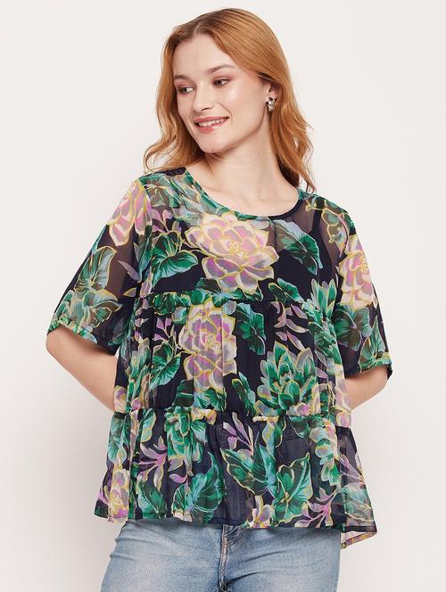 women navy blue chiffon tiered top - 21306310 - Very Small Image - 1