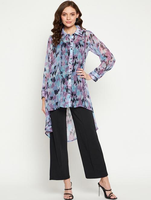 women blue chiffon high low shirt - 21306312 - Very Small Image - 1