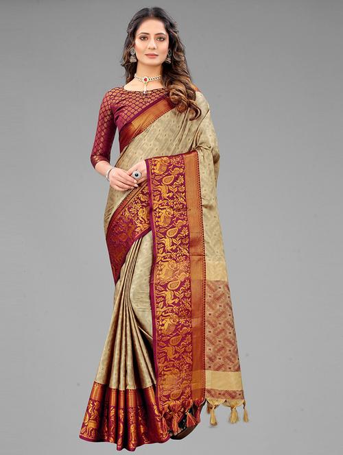 women beige ready to wear saree with blouse - 21306686 - Very Small Image - 1