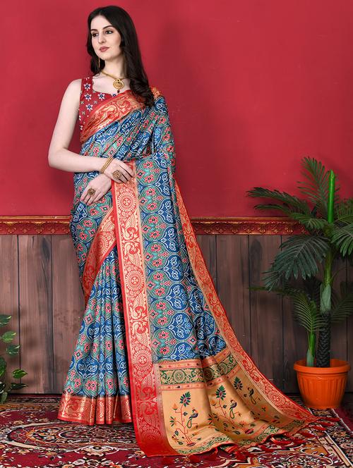 women blue patola saree with blouse - 21306882 - Very Small Image - 1