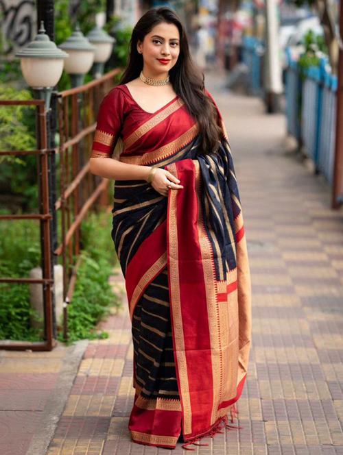 dark blue striped handloom saree with blouse - 21306989 - Very Small Image - 1