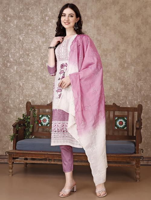 lavender cotton blend kurta dupatta set - 21308731 - Very Small Image - 1