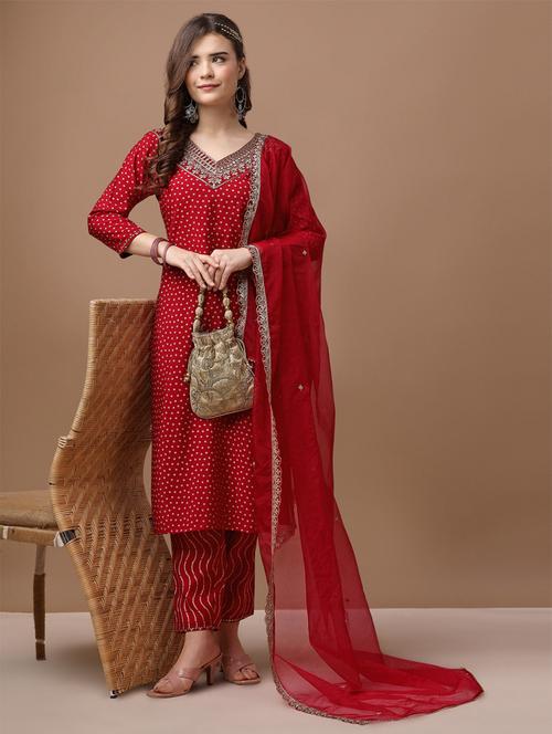 red chanderi kurta dupatta set - 21309022 - Very Small Image - 1