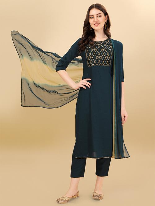 teal silk kurta dupatta set - 21309075 - Very Small Image - 1