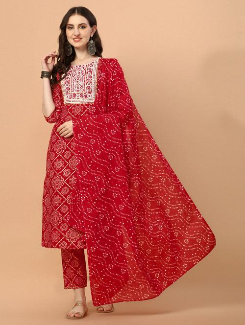 red cotton kurta dupatta set - 21309119 - Very Small Image - 1