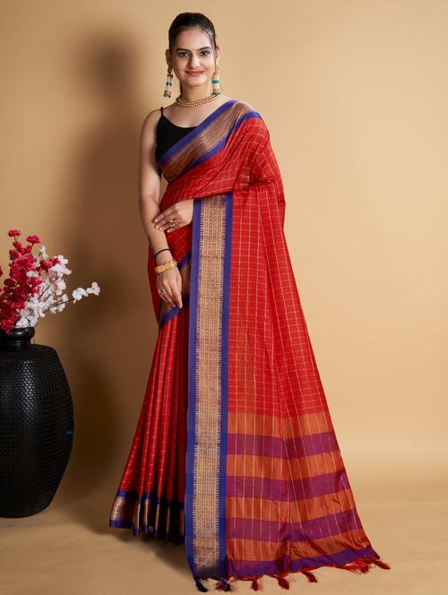 women checkered bordered saree with blouse - 21310301 - Very Small Image - 1