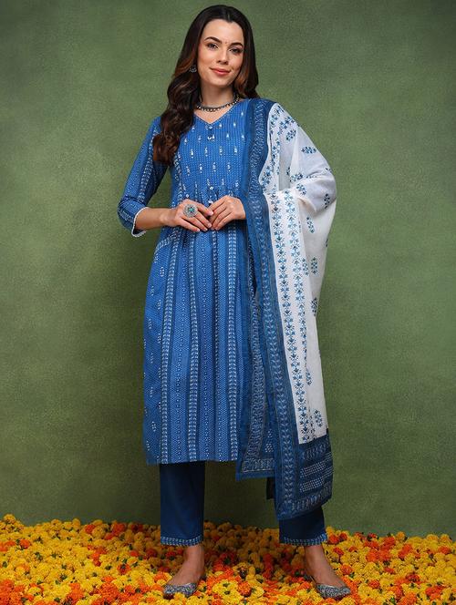 women blue v neck printed suit set - 21311583 - Very Small Image - 1