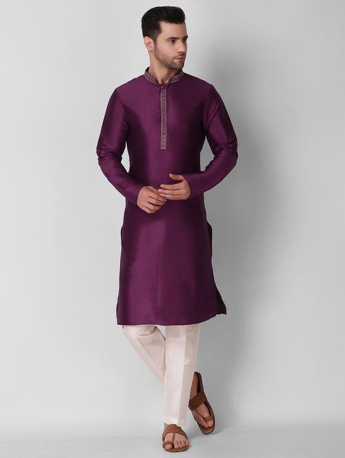 men mandarin neck self design kurta pyjama set - 21313636 - Very Small Image - 1