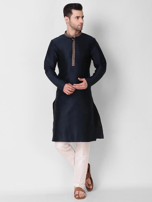 men mandarin neck self design kurta pyjama set - 21313640 - Very Small Image - 1