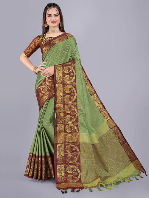 women green self design zari bordered saree with blouse - 21315219 - Very Small Image - 1