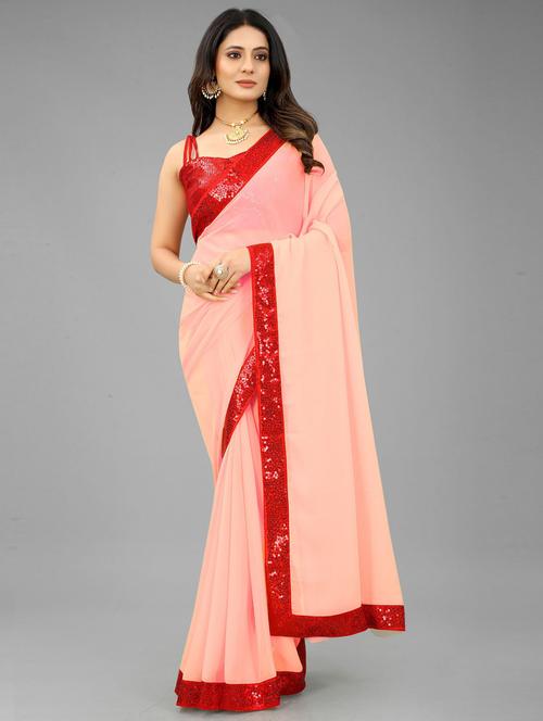 women peach solid sequin work bordered saree - 21315273 - Very Small Image - 1