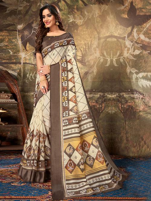 women cream printed saree - 21315344 - Very Small Image - 1