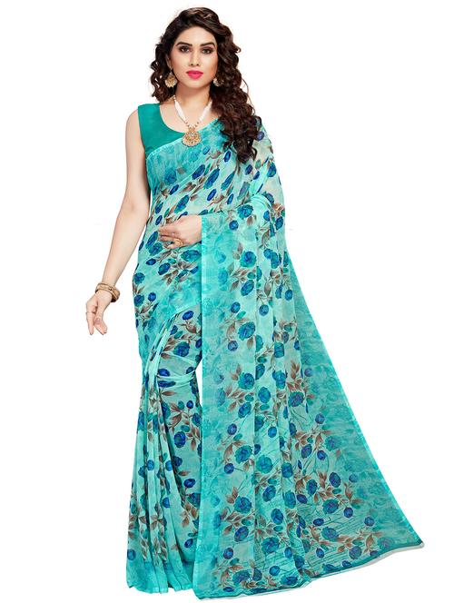 women light blue floral printed saree with blouse - 21317452 - Very Small Image - 1
