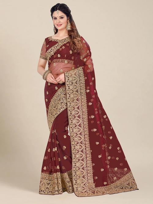 women maroon embroidered saree with blouse - 21317579 - Very Small Image - 1