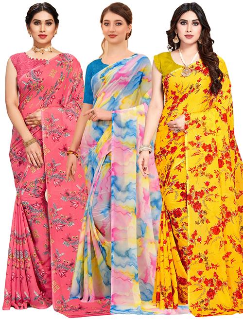 pack of 3 printed georgette saree with blouse - 21317984 - Very Small Image - 1