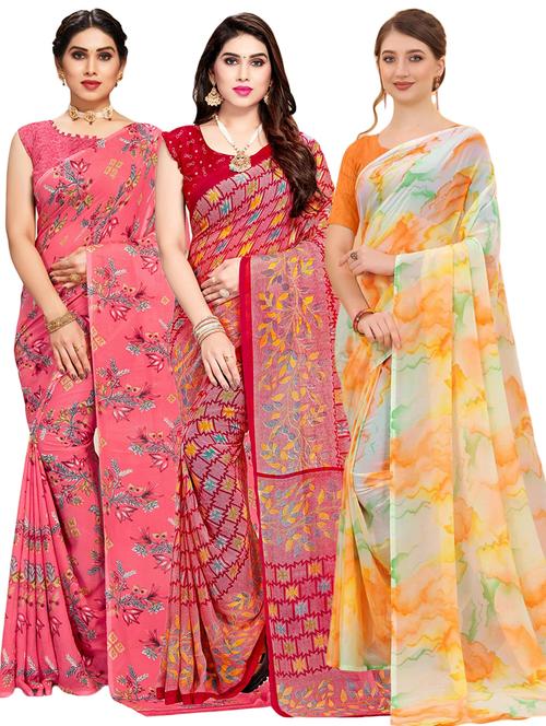 pack of 3 printed georgette saree with blouse - 21318072 - Very Small Image - 1