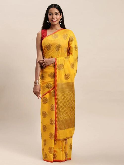 women yellow self deign handloom saree with blouse - 21318121 - Very Small Image - 1