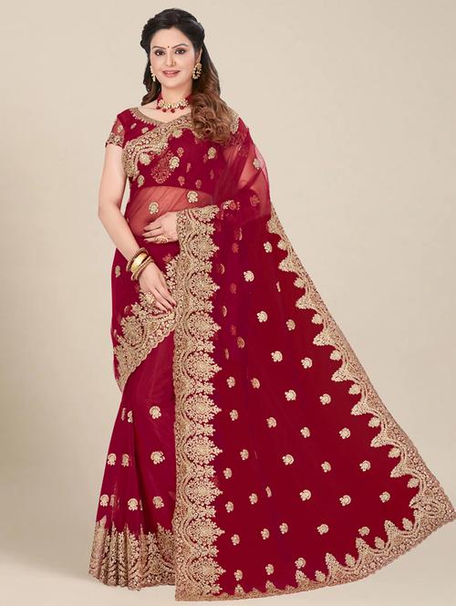 women maroon printed saree with blouse - 21318219 - Very Small Image - 1