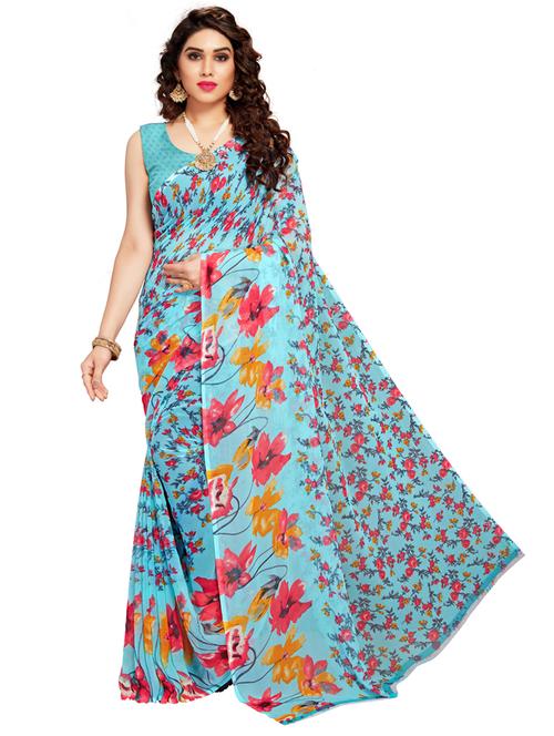 light blue georgette printed saree with blouse - 21318228 - Very Small Image - 1