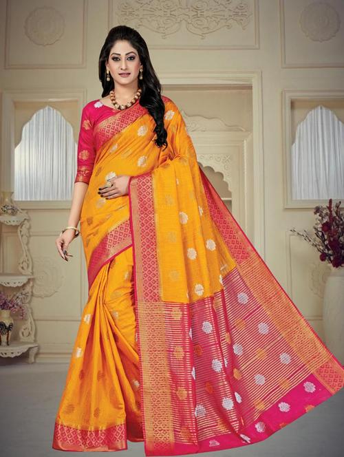 yellow jacquard kanjivaram saree with blouse - 21318274 - Very Small Image - 1