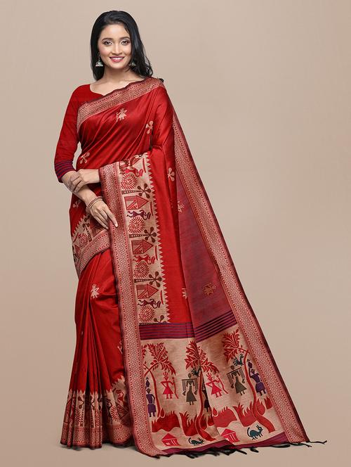 red silk blend bhagalpuri saree with blouse - 21320939 - Very Small Image - 1
