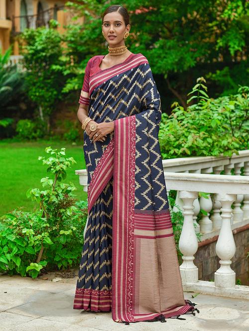 navy blue silk blend bhagalpuri saree with blouse - 21320967 - Very Small Image - 1