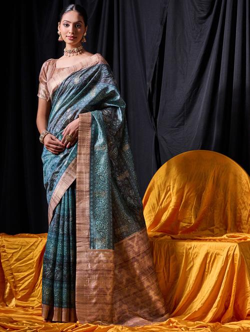 women printed tussar silk saree - 21321538 - Very Small Image - 1