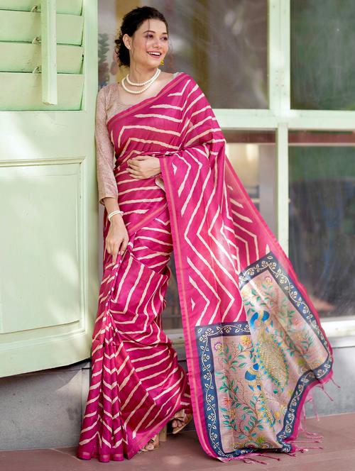 women printed tussar silk saree with blouse - 21321548 - Very Small Image - 1