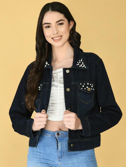 women navy blue denim summer jacket - 21322629 - Very Small Image - 1