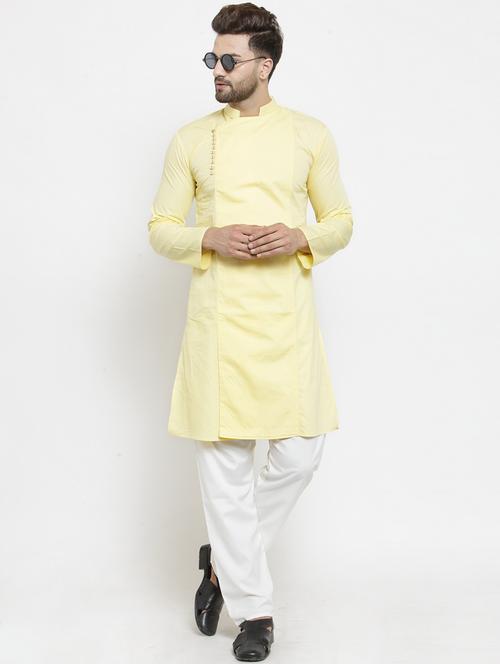 men yellow solids kurta pyjama set - 21324523 - Very Small Image - 1