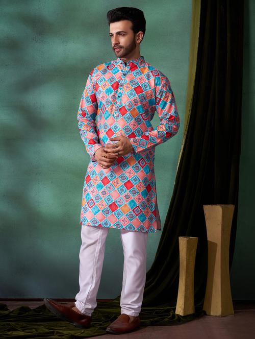 men printed long sleeves kurta pyjama set - 21328748 - Very Small Image - 1
