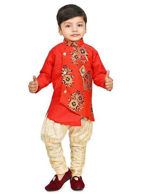 kids red silk blend sherwani set - 21331575 - Very Small Image - 1
