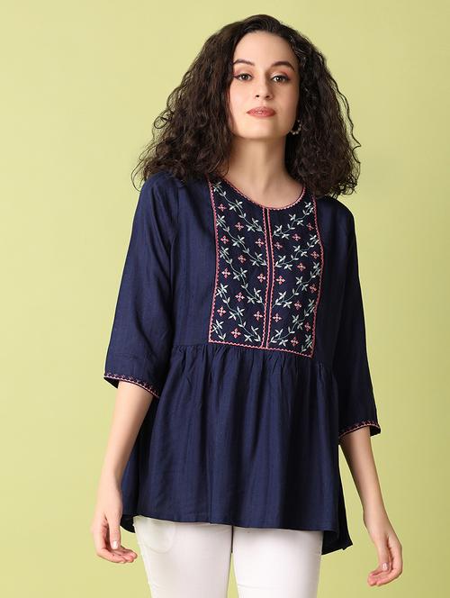women navy blue round neck flared kurti - 21333779 - Very Small Image - 1