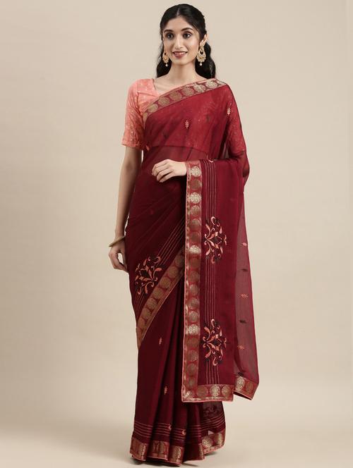 maroon embroidered saree with blouse - 21336395 - Very Small Image - 1