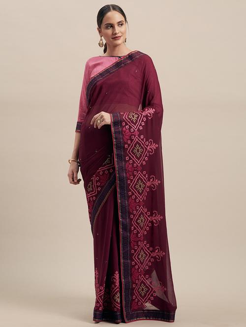 women burgundy embroidered saree - 21336399 - Very Small Image - 1
