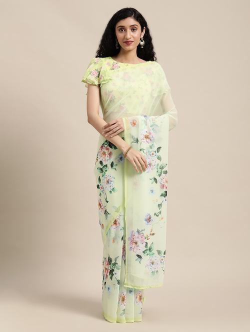 lime green floral printed saree - 21336411 - Very Small Image - 1