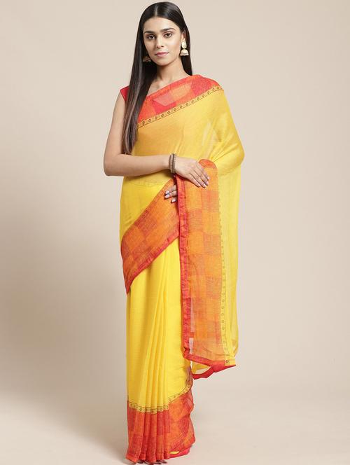 yellow solid with bordered saree - 21336438 - Very Small Image - 1