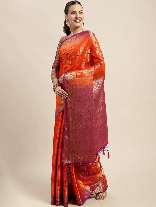 orange silk blend banarasi saree - 21336521 - Very Small Image - 1