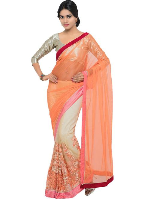 peach embroidered half and half saree - 21336528 - Very Small Image - 1
