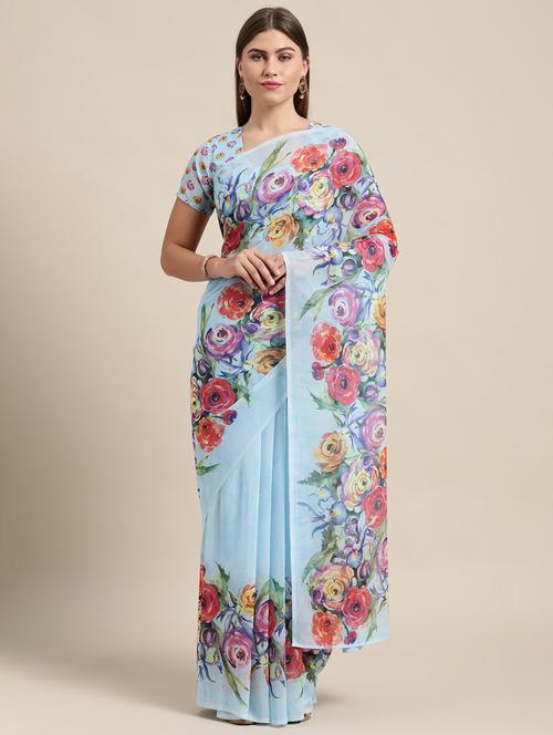 light blue floral printed saree - 21336645 - Very Small Image - 1