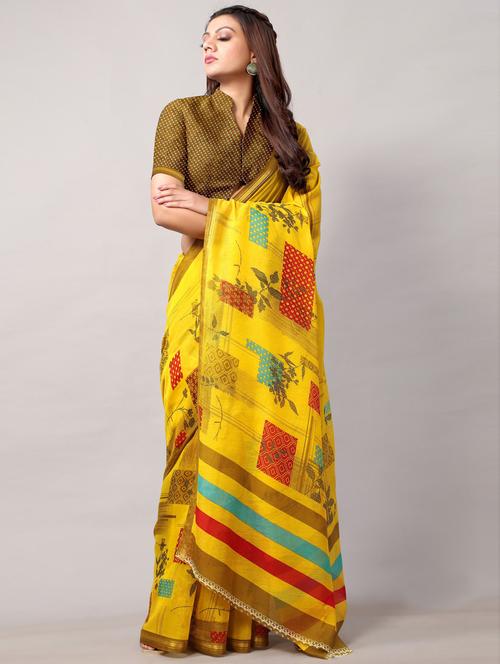 yellow printed saree with blouse - 21336646 - Very Small Image - 1