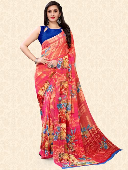 red printed georgette saree - 21337186 - Very Small Image - 1