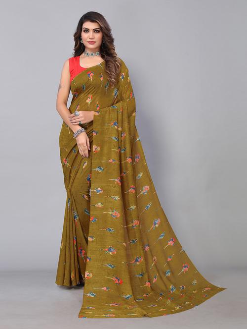 olive floral printed saree - 21337252 - Very Small Image - 1