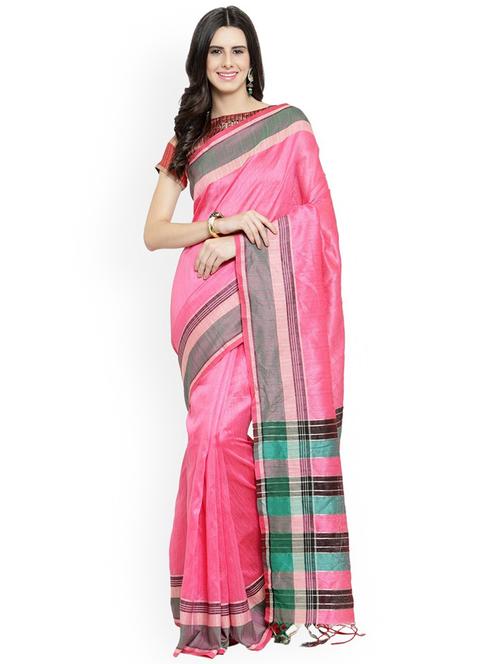 women pink solid bordered saree with blouse - 21337343 - Very Small Image - 1