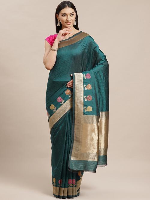 teal silk blend banarasi saree - 21337422 - Very Small Image - 1