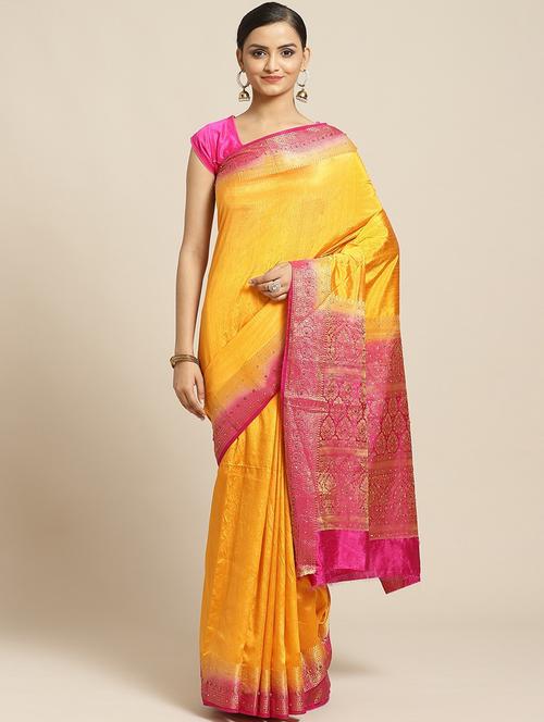 yellow zari work banarasi saree with blouse - 21337429 - Very Small Image - 1