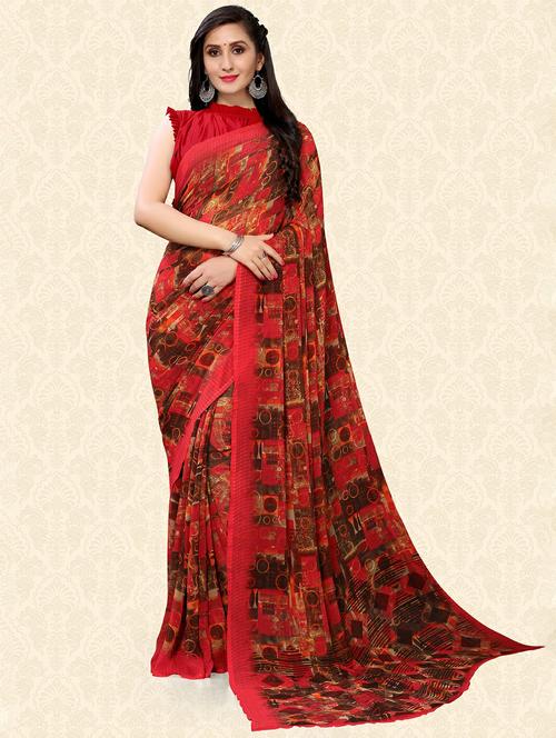 red printed saree with blouse - 21337493 - Very Small Image - 1