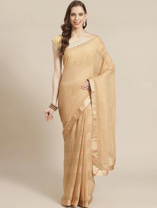 women beige solid bordered saree - 21337527 - Very Small Image - 1